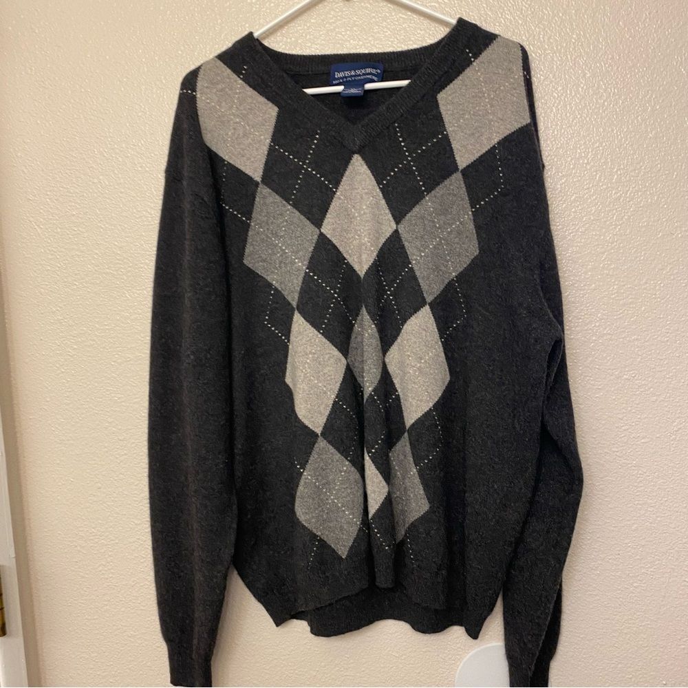 Davis & Squire 100% 2 Ply Cashmere Argyle Sweater gray mens XL euc